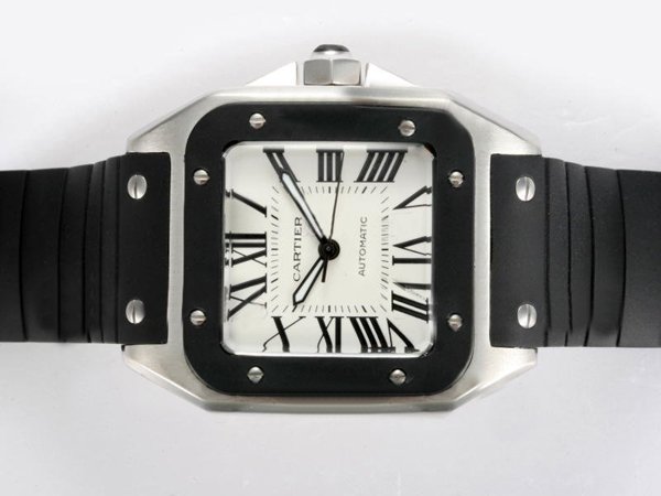 Cartier Santos 100 w20121u2 Black Rubber Strap Mens 38x38mm Watch watches