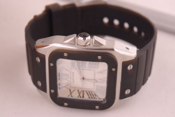 Cartier Santos 100 W20121U2 Black Stainless Steel Strap 38x38mm White Dial Watch watches