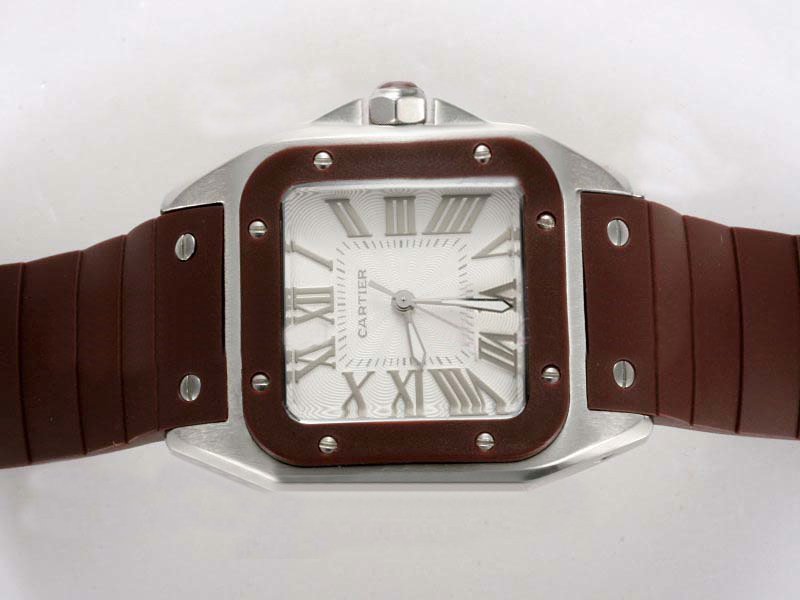 Cartier Santos 100 w20121u2 Rubber Bezel Red Rubber Strap Mens Watch watches