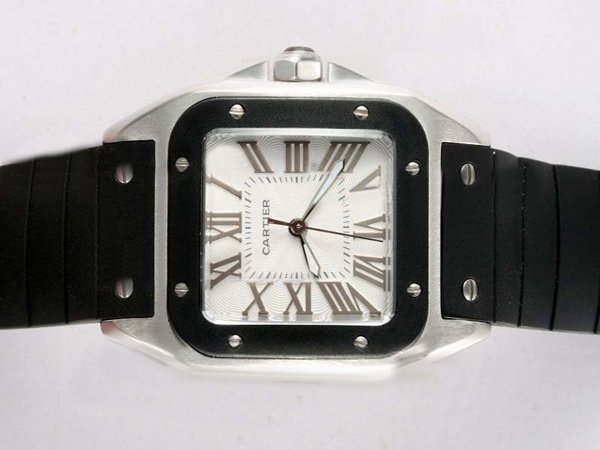 Cartier Santos 100 W20124U2 Mens Square Black Rubber Strap Watch watches