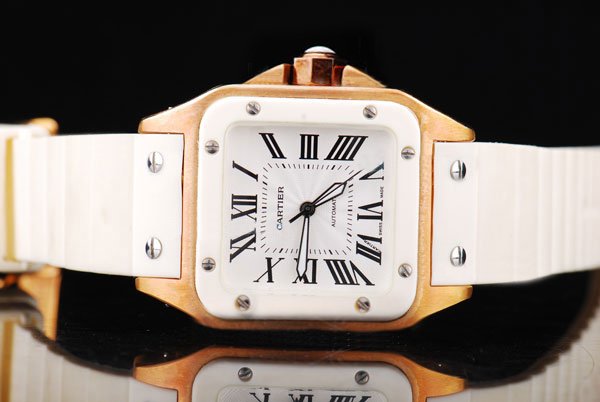 Cartier Santos 100 W20129U2 Square White Dial White Rubber Strap Watch watches