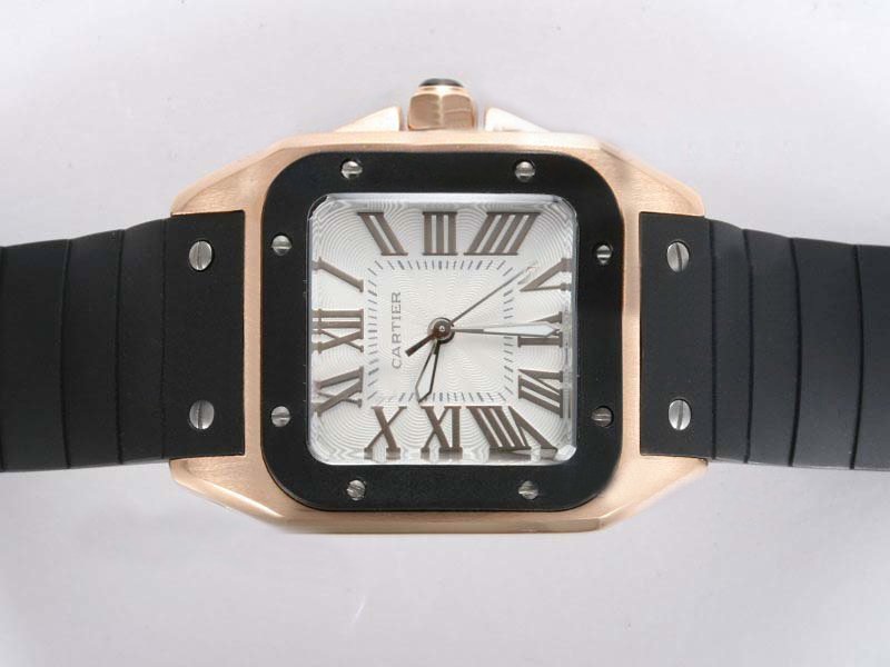 Cartier Santos 100 W2020007 Rubber Bezel White Dial Black Rubber Strap Watch watches