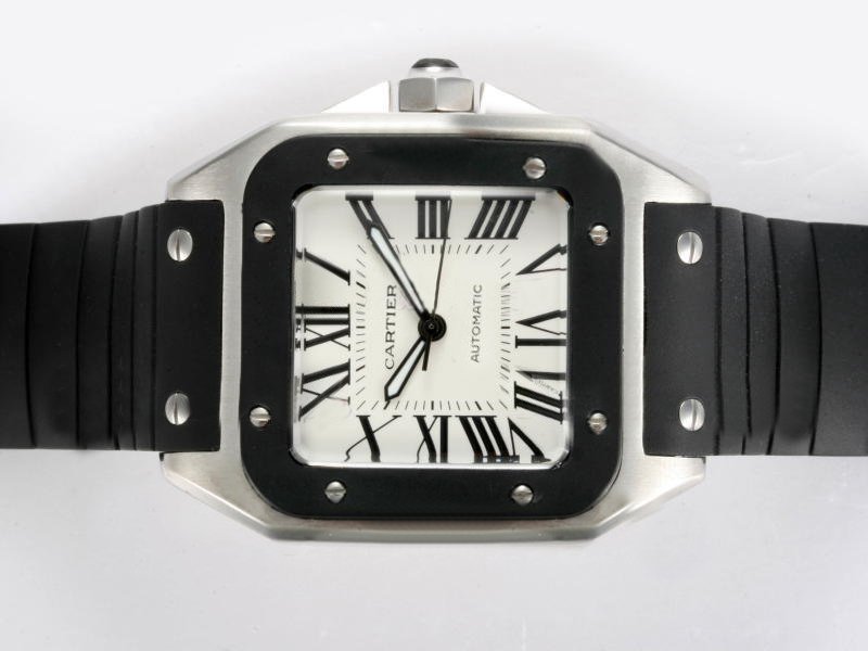Cartier Santos 100 W2020008 White Dial Rubber Bezel Automatic Watch watches