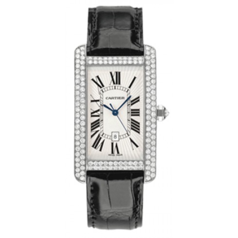 Cartier Tank Americaine Silver Dial 18kt White Gold Diamond Black Leather Men's Watch WB710004 watches