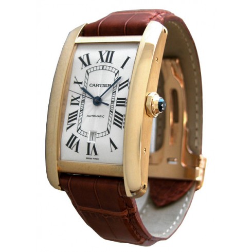 Cartier Tank Americaine Silver Dial 18kt Yellow Gold Brown Leather Men's Watch W2609756 watches