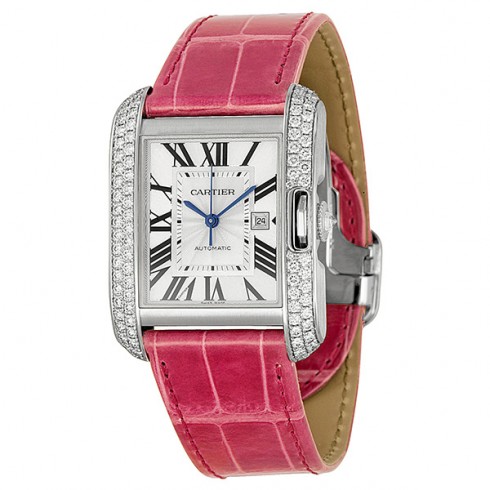 Cartier Tank Anglaise Large 18k White Gold Diamond Bezel Pink Leather Watch WT100018 watches
