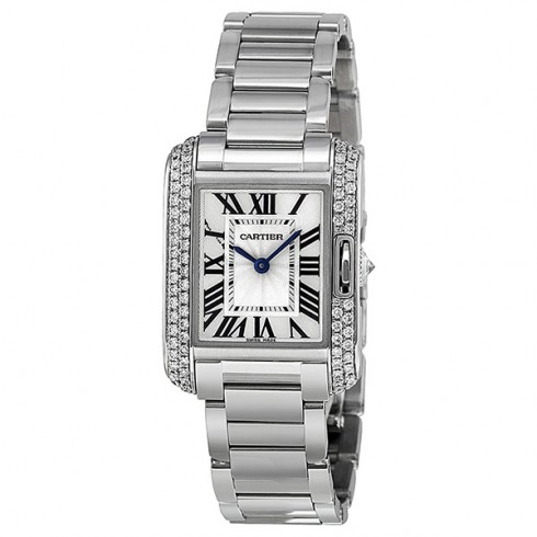 Cartier Tank Anglaise Silver Dial Lacquered Flinque Dial 18kt Rhodiumised White Gold Ladies Watch WT100008 watches