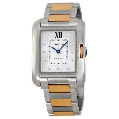 Cartier Tank Anglaise Silver Dial Stainless Steel with 18kt Rose Gold Ladies Watch WT100034 watches