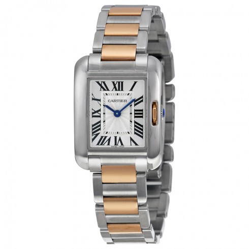 Cartier Tank Anglaise Small Automatic Silver Dial 18 kt Rose Gold and Steel Ladies Watch W5310019 watches