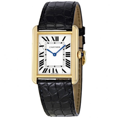 Cartier Tank Solo Silver Dial 18kt Yellow Gold Black Leather Unisex Watch W5200004 watches