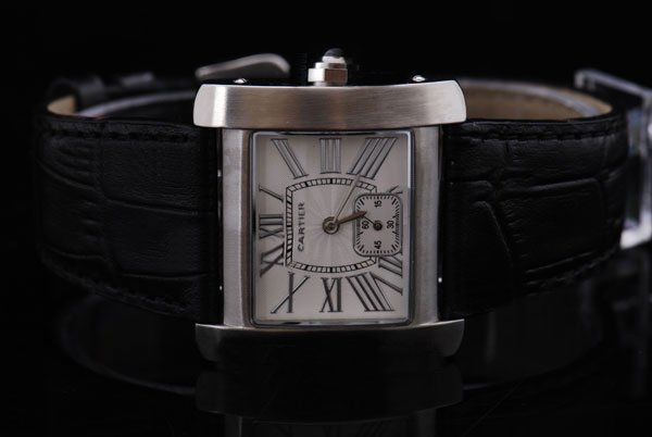 Cartier Tank W6300255 White Dial 28x32mm Black Ostrich Leather Strap Watch watches