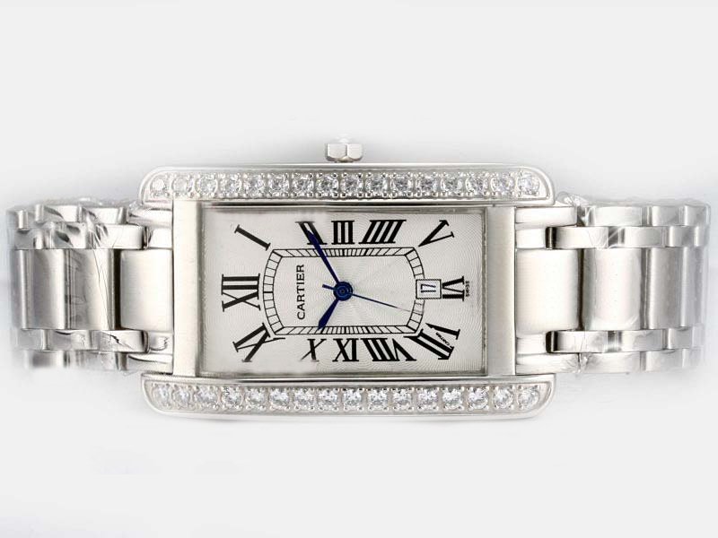 Cartier Tank WB7073L1 Silver Stainless Steel Strap Diamond Bezel White Dial Watch watches