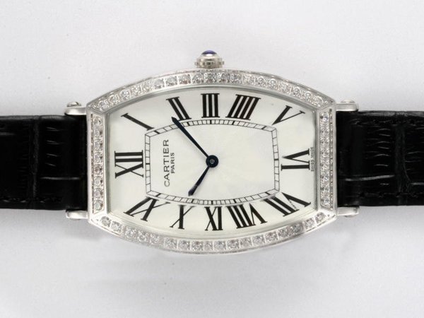 Cartier Tonneau WE400251 Black Cow Leather Strap White Dial Stainless Steel with Diamond Bezel Watch watches