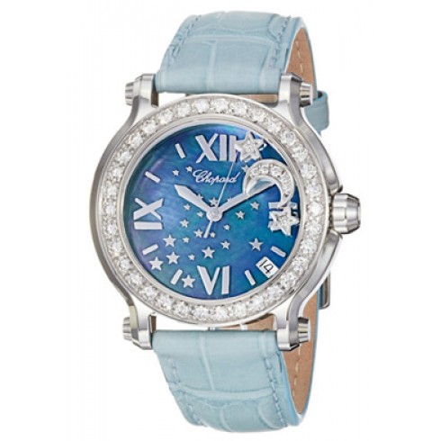 Chopard Happy Sport Blue MOP Dial Blue Leather Floating Diamond Moon Ladies Watch 278475-2001 watches