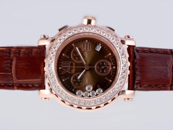Chopard Happy Sport Chronograph 283581-5001 Brown Dial Diamond Bezel Rose Gold Case Watch watches
