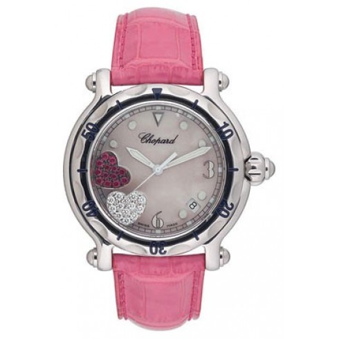 Chopard Happy Sport Diamond Ruby Heart Steel Pink Leather Ladies Watch 28/8950 watches