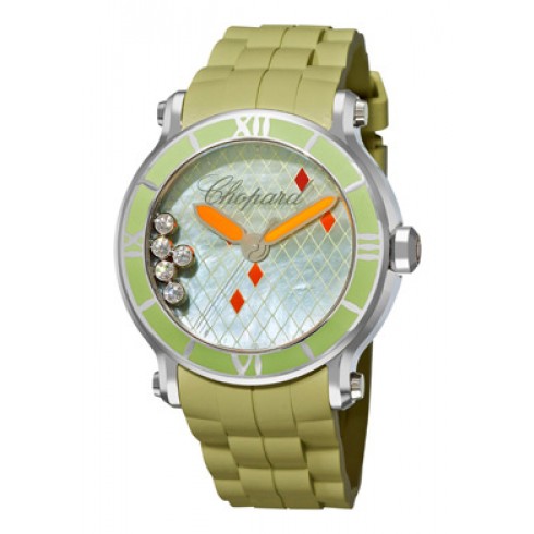 Chopard Happy Sport Green Mother Of Pearl Green Rubber Floating Diamonds Ladies Watch 288524-3003 watches