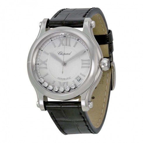 Chopard Happy Sport Medium Automatic Silver Dial Black Leather Ladies Watch 278559-3001 watches