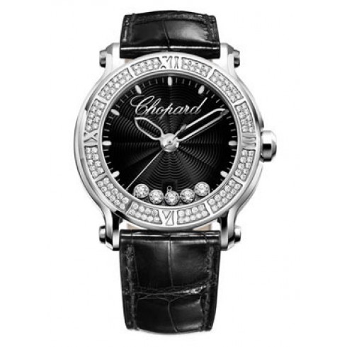 Chopard Happy Sport Round Diamond Black Dial Black Leather Ladies Watch 288525-3006 watches