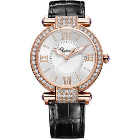 Chopard Imperiale Diamond Mother of Pearl Dial 18 kt Rose Gold Black Leather Ladies Watch 384221-5002 watches