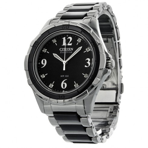 Citizen Ceramic Eco-Drive Diamond Black Dial Steel Black Ceramic Bracelet Ladies Watch EM0031-56E watches