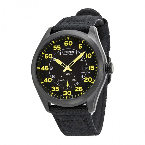 Citizen Eco Drive Black and Yellow Dial Black Nylon Strap Men's Watch BV1085-14E watches