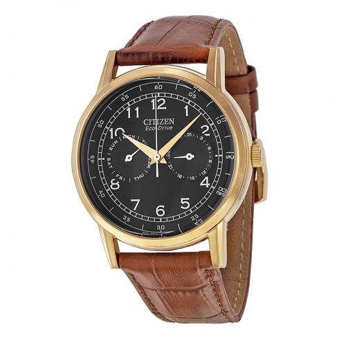 Citizen Eco Drive Black Dial Brown Leather Rose Gold-tone Men's Watch AO9003-08E watches