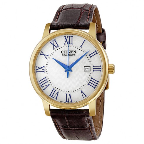 Citizen Eco Drive Silver Dial Gold Tone Brown Leather Men's Watch BM6752-02A watches