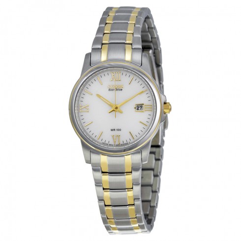 Citizen Eco Drive White Dial Two Tone Stainless Steel Ladies Watch EW1914-56A watches