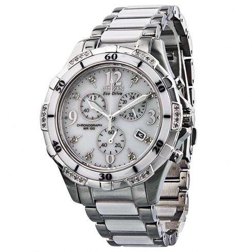 Citizen Eco-Drive Chronograph Diamond White Dial Stainless Steel and Ceramic Ladies Watch FB1230-50A watches