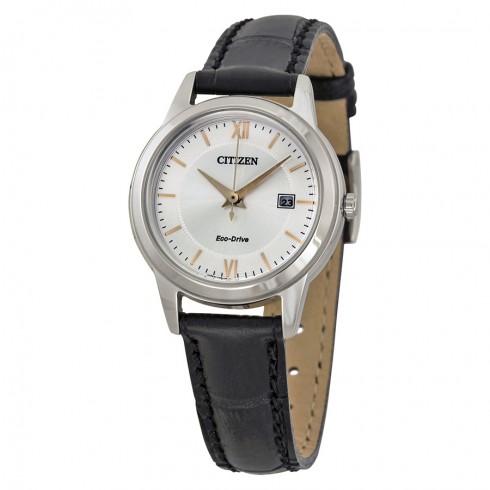 Citizen Ladies Straps Eco-Drive Silver Dial Black Leather Quartz Ladies Watch FE1086-04A watches