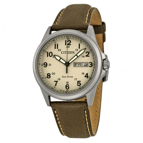 Citizen Military Eco-Drive Sandy Dial Brown Leather Quartz Men's Watch AW0040-19X watches