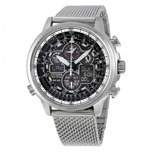 Citizen Navihawk UTC Eco-Drive Chronograph Black Dial Stainless Steel Mesh Men's Watch JY8030-83E watches