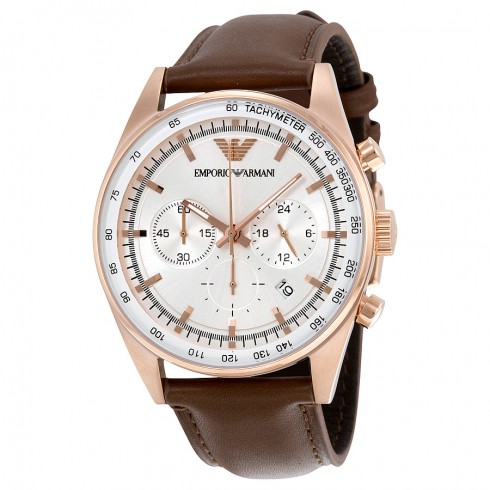 Emporio Armani Chronograph Silver Dial Brown Leather Men's Watch AR5995 watches