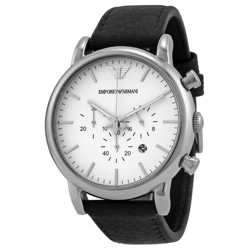 Emporio Armani Chronograph White Dial Black Leather Men's Watch AR1807 watches