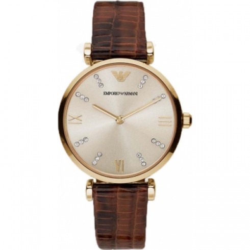 Emporio Armani Classic Champagne Dial Brown Lizard-embossed Leather AR1883 watches