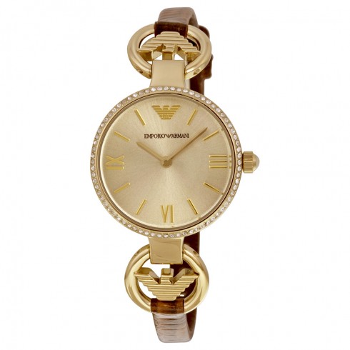 Emporio Armani Classic Champagne Sunray Dial Brown Leather Ladies Watch AR1885 watches