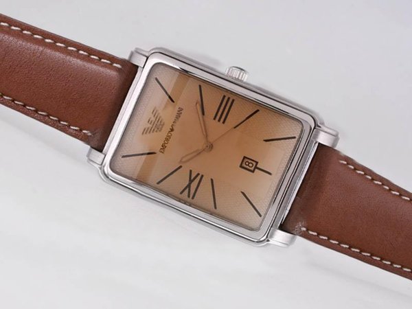 Emporio Armani Classic Ladies AR0414 Brown Ostrich Leather Strap Rectangle Brown Dial Watch watches