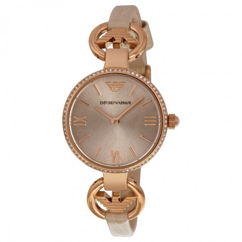 Emporio Armani Classic Silver Sunray Dial Nude Leather Ladies Watch AR1886 watches