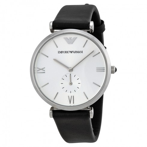 Emporio Armani Retro Silver Dial Black Leather Strap Men's Watch AR1674 watches