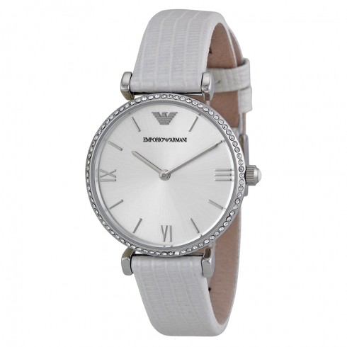 Emporio Armani Retro Silver Dial White Leather Strap Ladies Watch AR1680 watches