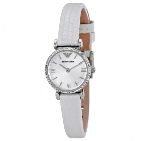 Emporio Armani Retro Silver Dial White Leather Strap Ladies Watch AR1686 watches