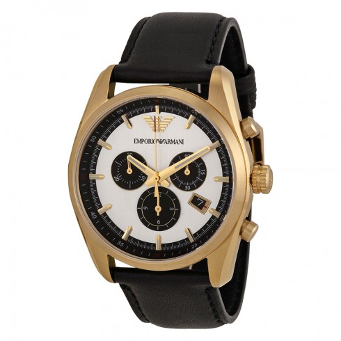Emporio Armani Sportivo Chronograph Silver and Black Dial Black Leather Men's Watch AR6006 watches
