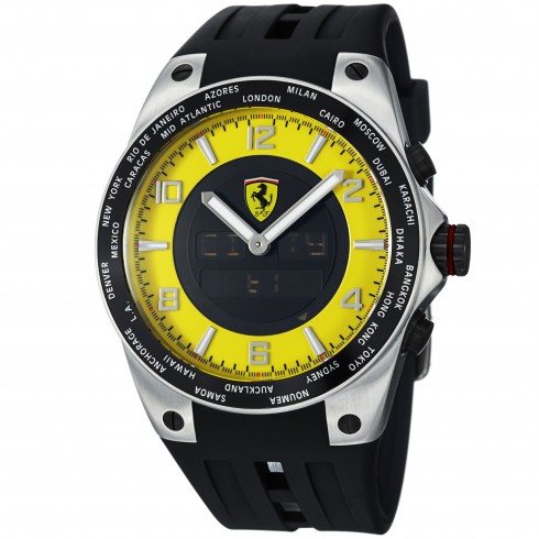 Replica Ferrari World Time Yellow Multifunction Dial Black Rubber Strap Men's Watch FE-05-ACC-YW Watch