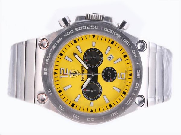 Ferrari Panerai Ferrari Granturismo FER00011 Round Silver Stainless Steel Strap Yellow Dial Watch watches