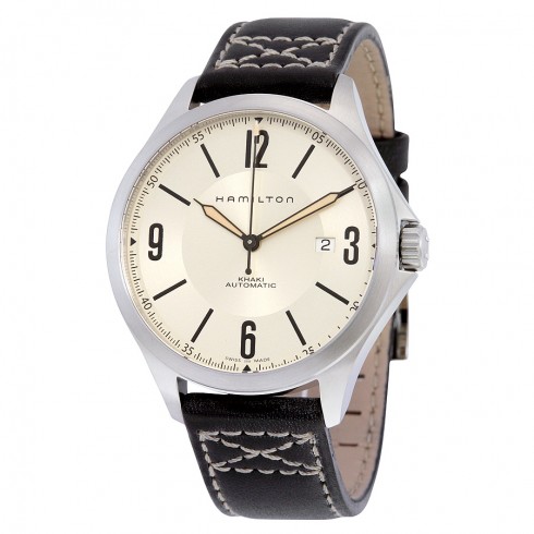 Hamilton Khaki Aviation Automatic Ivory Dial Charcoal Leather Men's Watch H76665725 watches