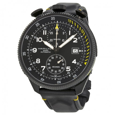 Hamilton Khaki Aviation Takeoff Automatic Chronograph Black Dial Black Leather Men's Watch H76786733 watches