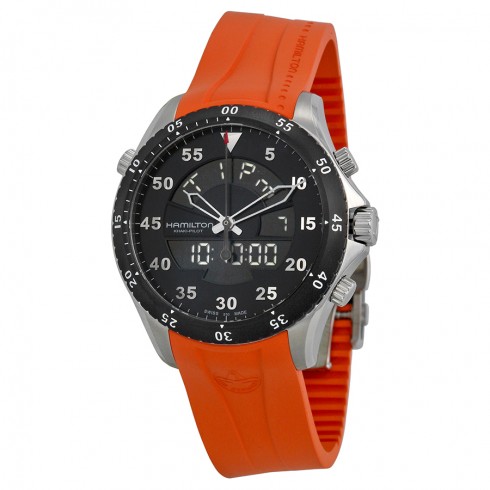 Hamilton Khaki Flight Timer Dual Display Chronograph Black Dial Orange Rubber Men's Watch H64554431 watches