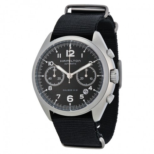 Hamilton Khaki Pilot Pioneer Automatic Chronograph Black Dial Black Canvas Men's Watch H76456435 watches