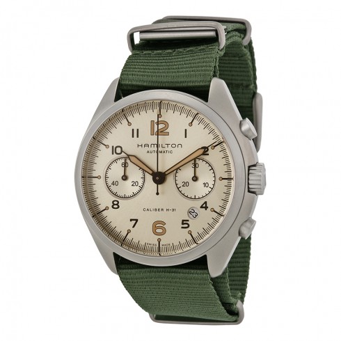 Hamilton Khaki Pilot Pioneer Automatic Chronograph Ivory Dial Canvas Men's Watch H76456955 watches